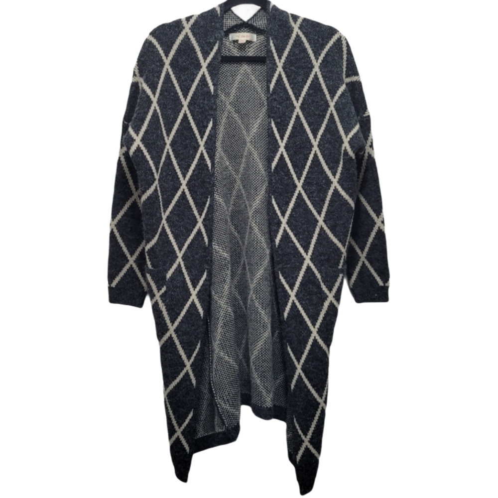 LA VIE 89 Grey Diamond Long Open Cardigan Sweater Size S/M